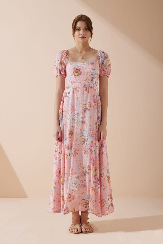 Image of Dresses. Productname: Heychic Juliette Floral Puff Sleeve Maxi Dress in Pink colour by brand - Heychic