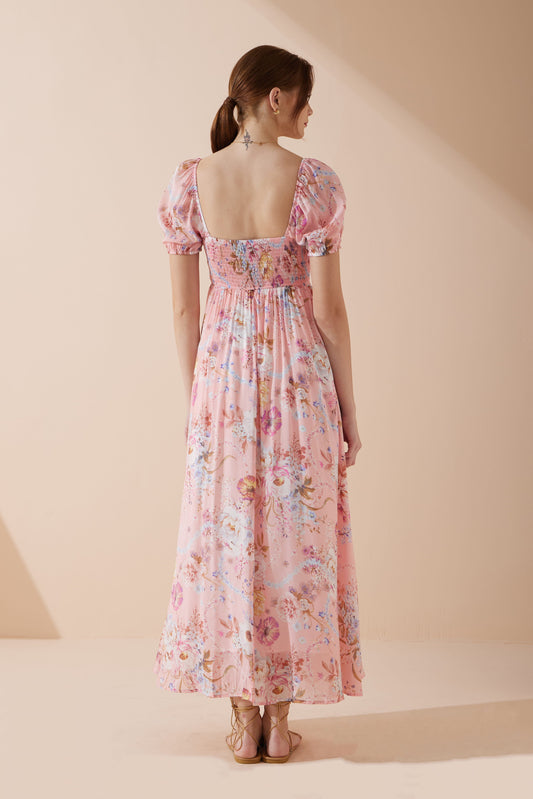 Heychic Juliette Floral Puff Sleeve Maxi Dress (Pink)