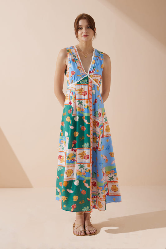 Image of Dresses. Product name - Praia Multicolour Tropical V-Neck Maxi Dress in Multi colour by brand - HEYCHIC