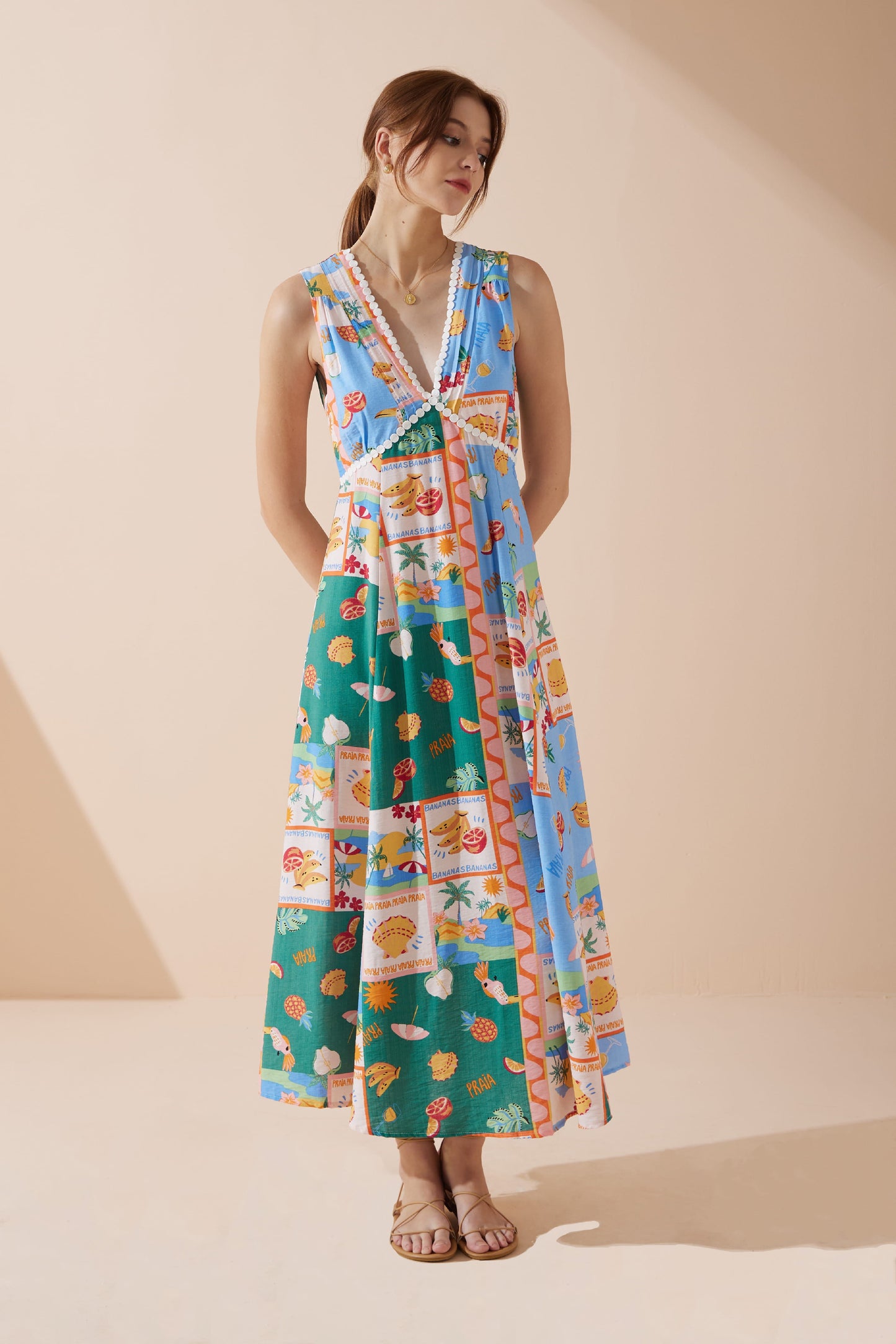 HEYCHIC Praia Multicolour Tropical V-Neck Maxi Dress (Multi)