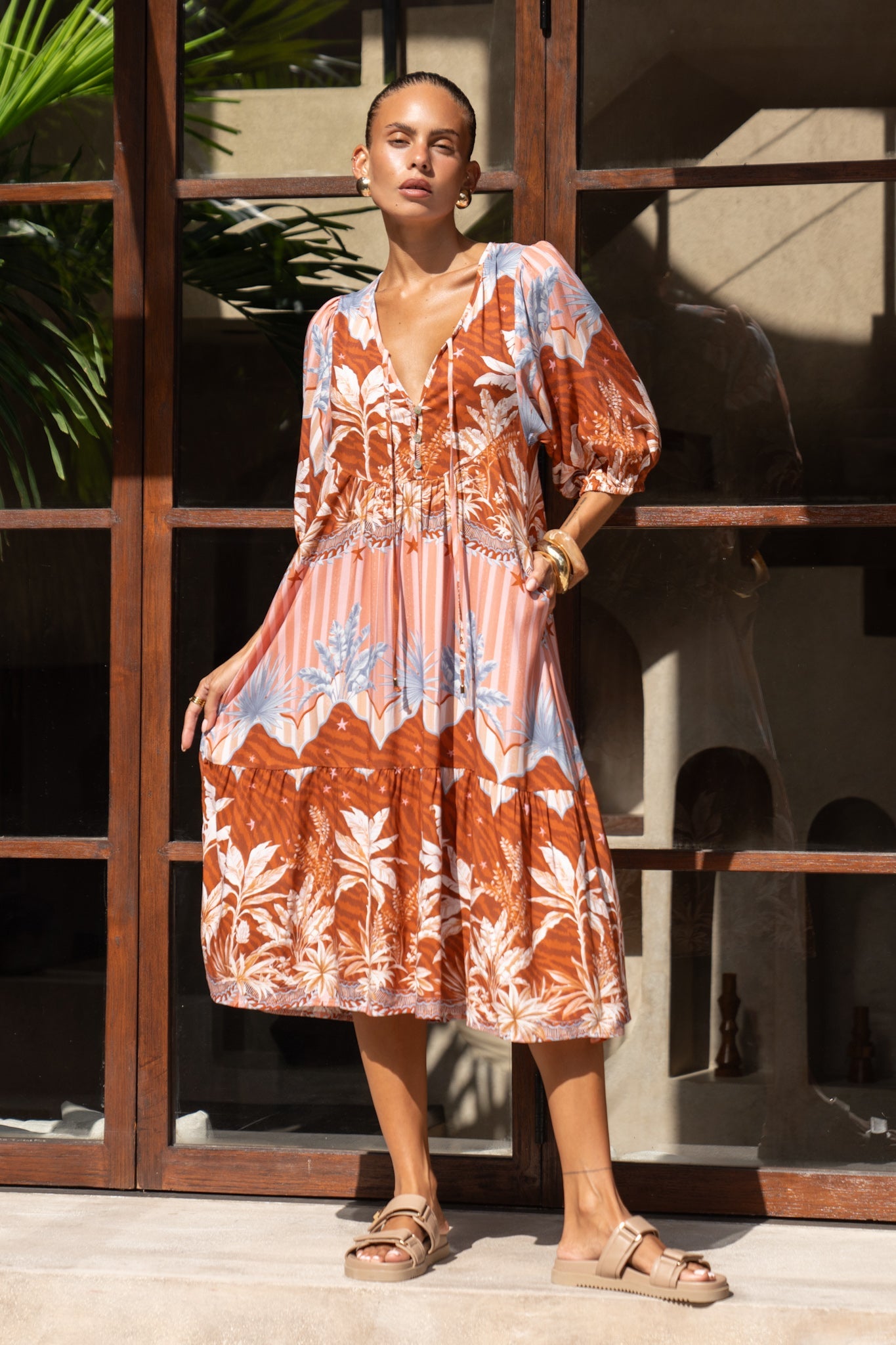 Image of Dresses. Productname: Heychic Nari Rust Brown Tropical Volume Sleeve Midi Dress in Brown colour by brand - Heychic