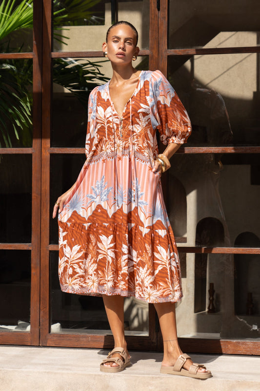 Image of Dresses. Productname: Heychic Nari Rust Brown Tropical Volume Sleeve Midi Dress in Brown colour by brand - Heychic