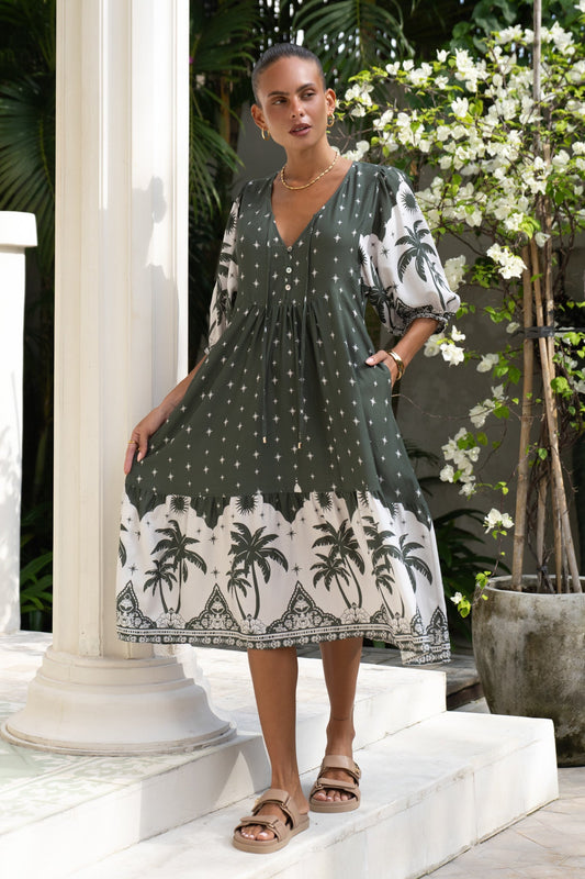 Image of Dresses. Productname: Heychic Arletta Green Tropical Volume Sleeve Midi Dress in Green colour by brand - Heychic