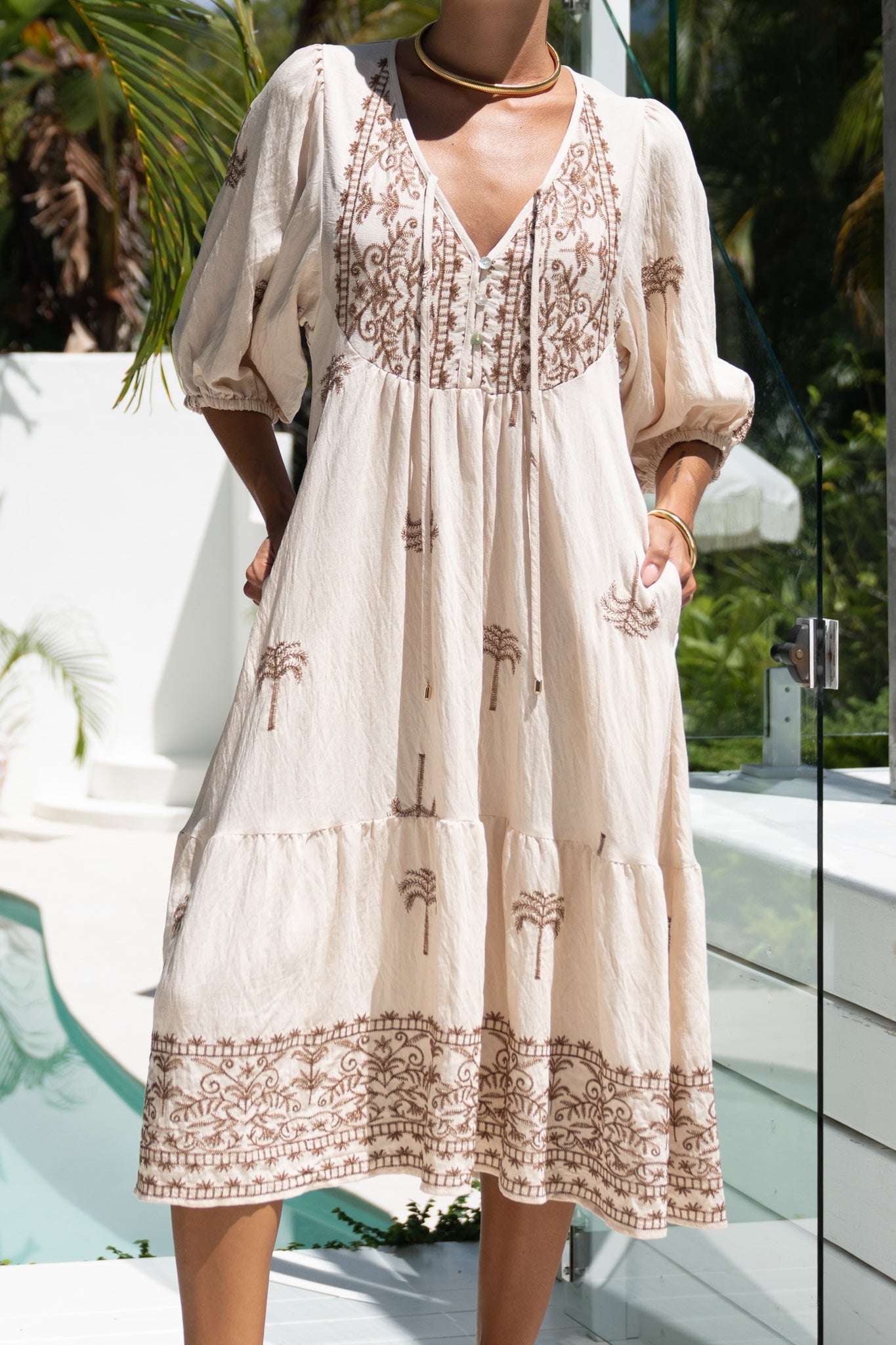 Heychic Kaena Tropical Embroidered Volume Sleeve Midi Dress (Brown)