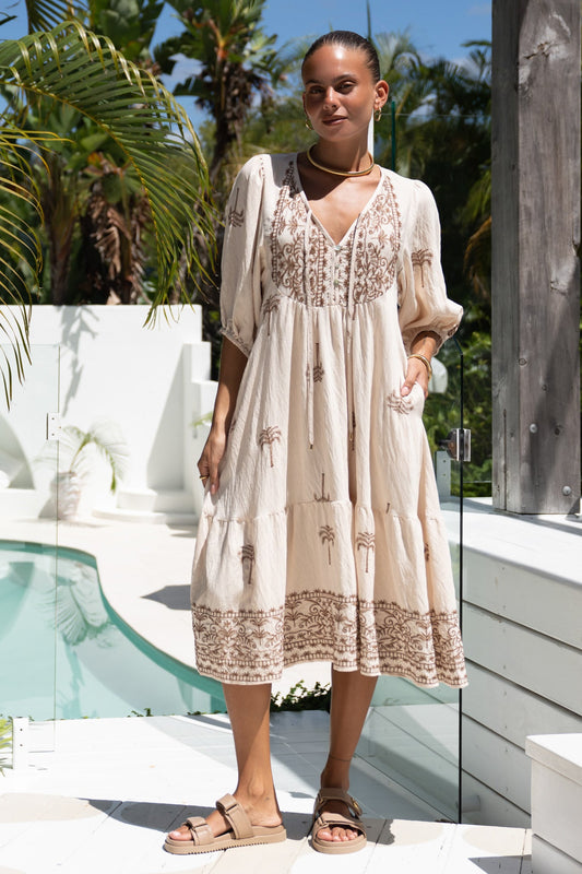 Image of Dresses. Productname: Heychic Kaena Brown Tropical Embroidered Volume Sleeve Midi Dress in Brown colour by brand - Heychic