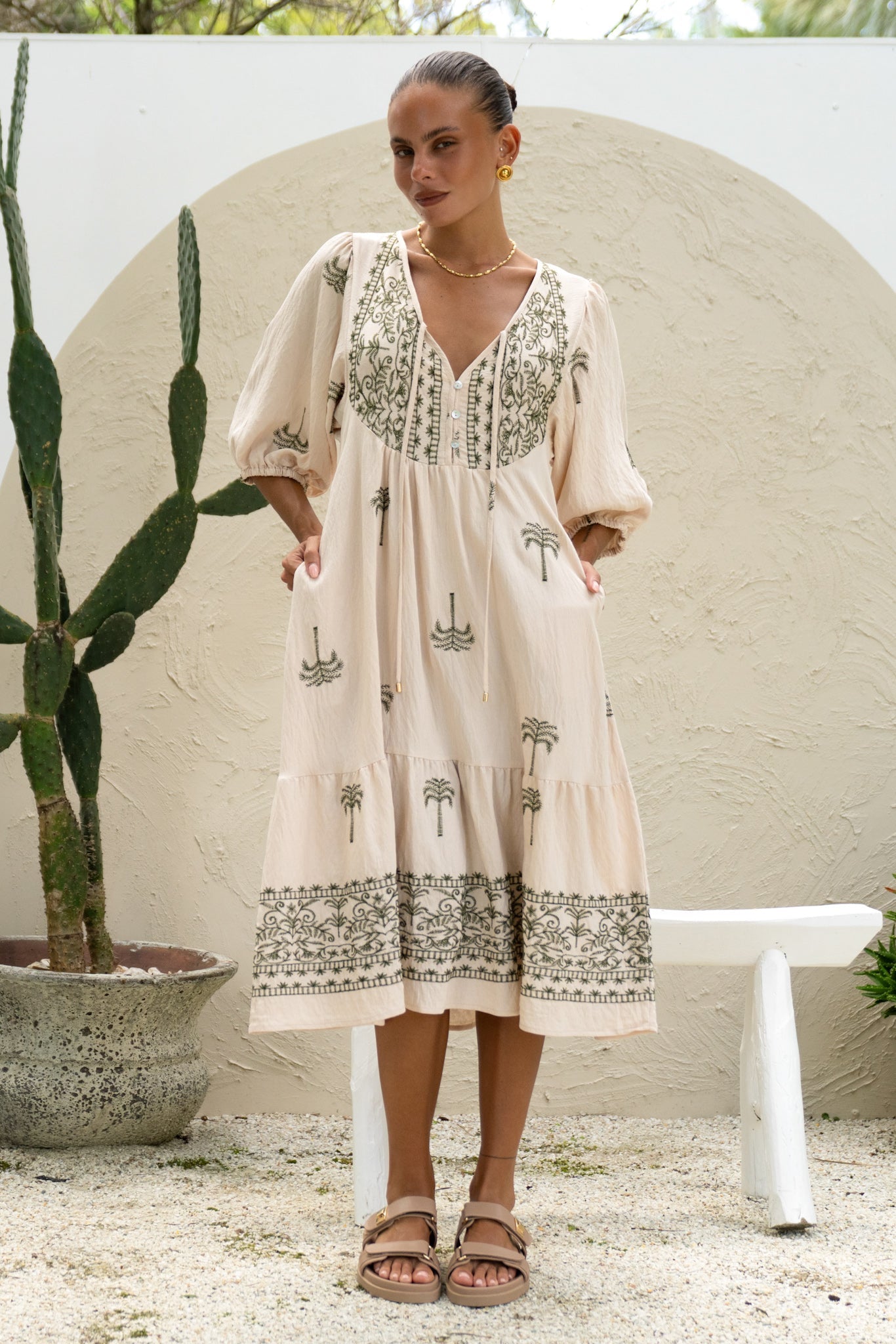 Image of Dresses. Productname: Heychic Kaena Beige Green Tropical Embroidered Volume Sleeve Midi Dress in Beige colour by brand - Heychic