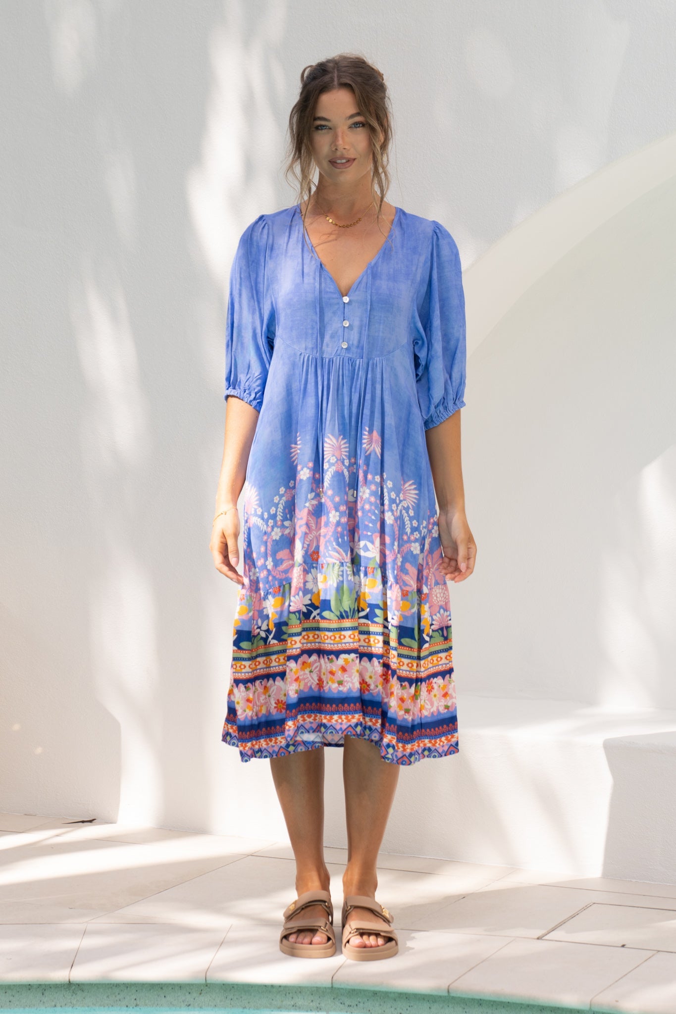 Heychic Indira Boho Volume Sleeve Midi Dress (Blue)