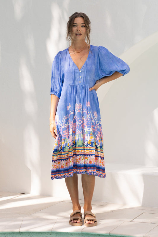 Image of Dresses. Productname: Heychic Indira Blue Boho Volume Sleeve Midi Dress in Blue colour by brand - Heychic