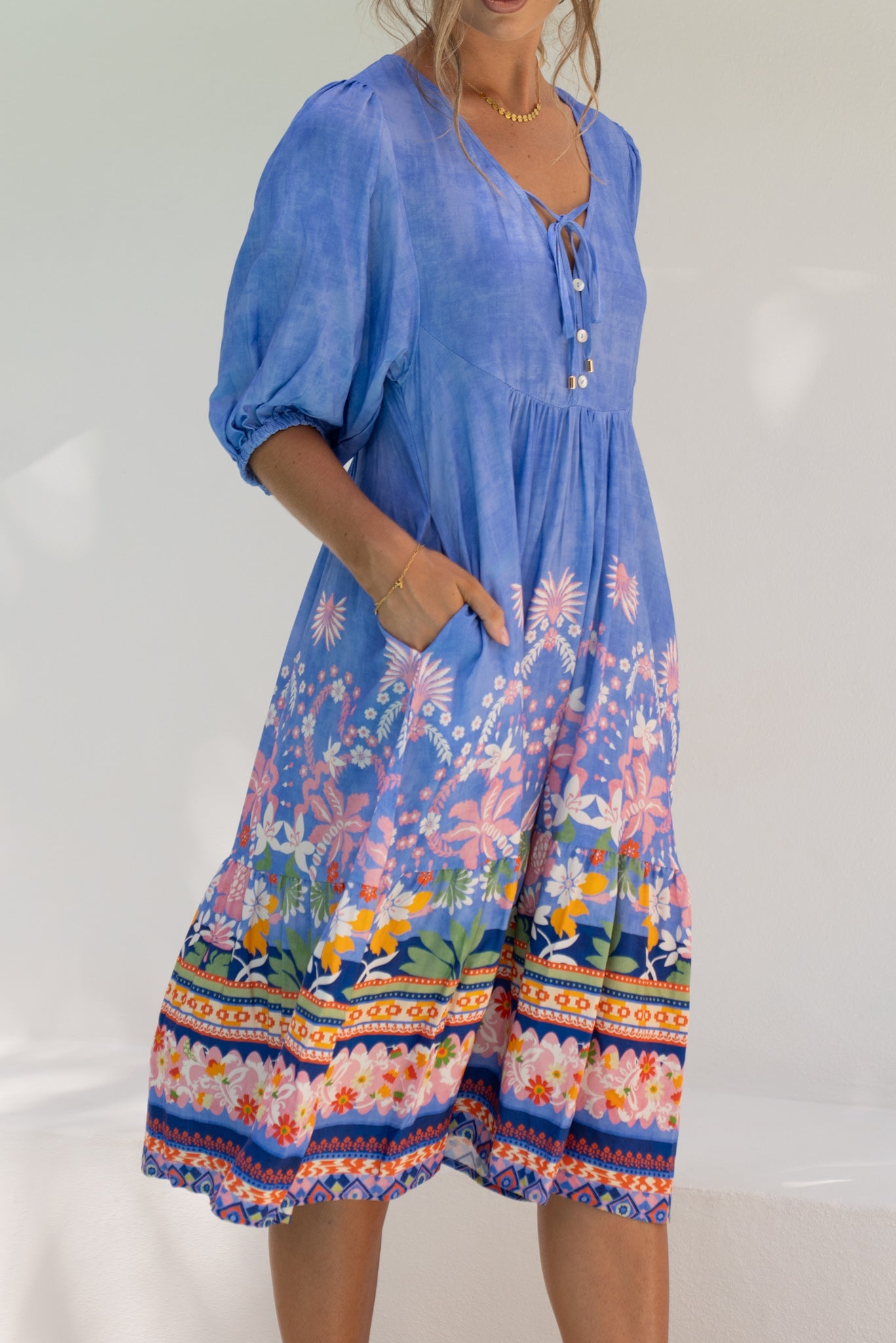 Heychic Indira Boho Volume Sleeve Midi Dress (Blue)
