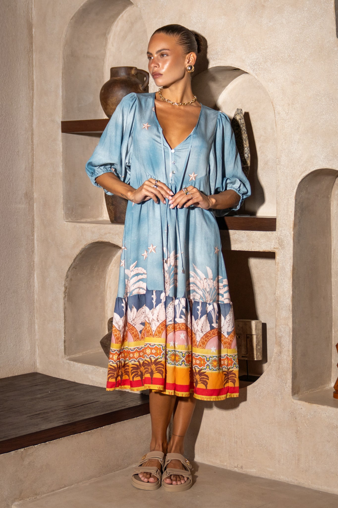 Heychic Amalita Tropical Volume Sleeve Midi Dress (Blue)