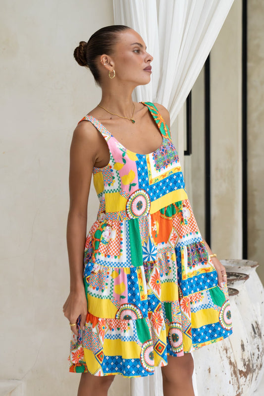 Heychic Allegra Patchwork Scoop Neck Mini Dress (Multicolour)