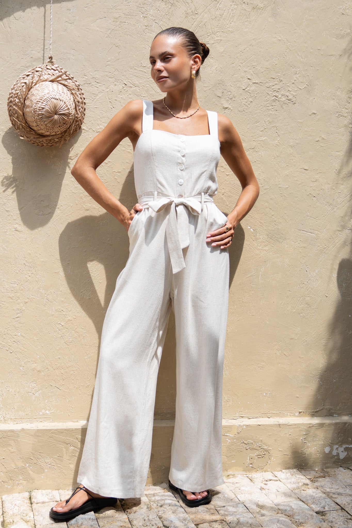 Image of a model wearing Outerwear. Productname: Heychic Lysa Beige Jumpsuit in Beige colour by brand - Heychic