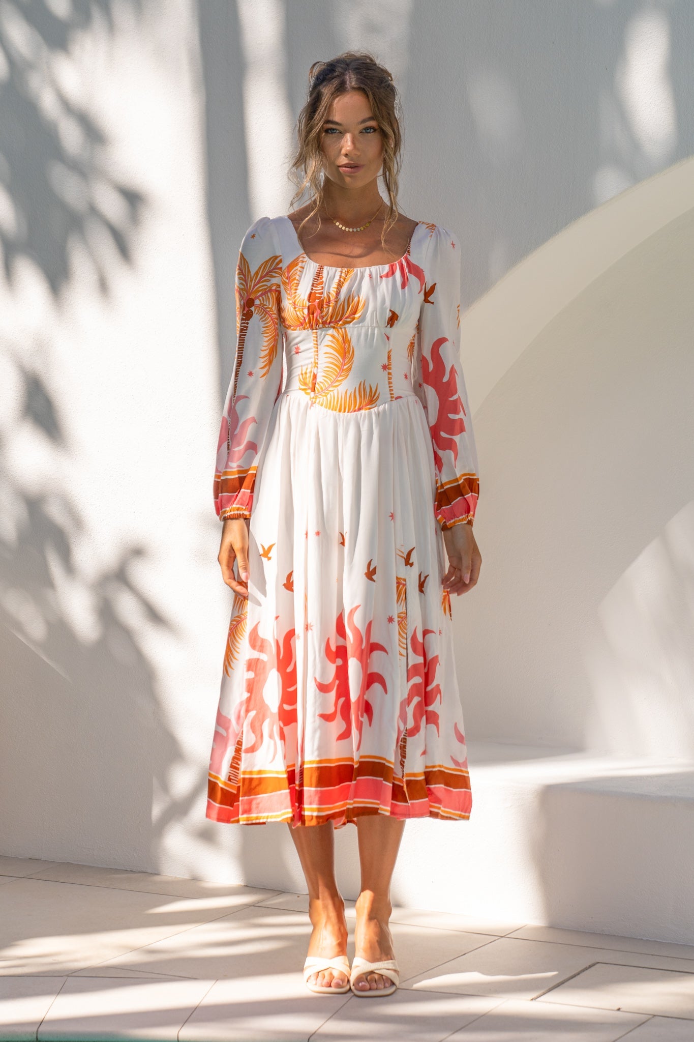 Heychic Soletta Coral Tropical Long Sleeve Corset Maxi Dress (Pink)