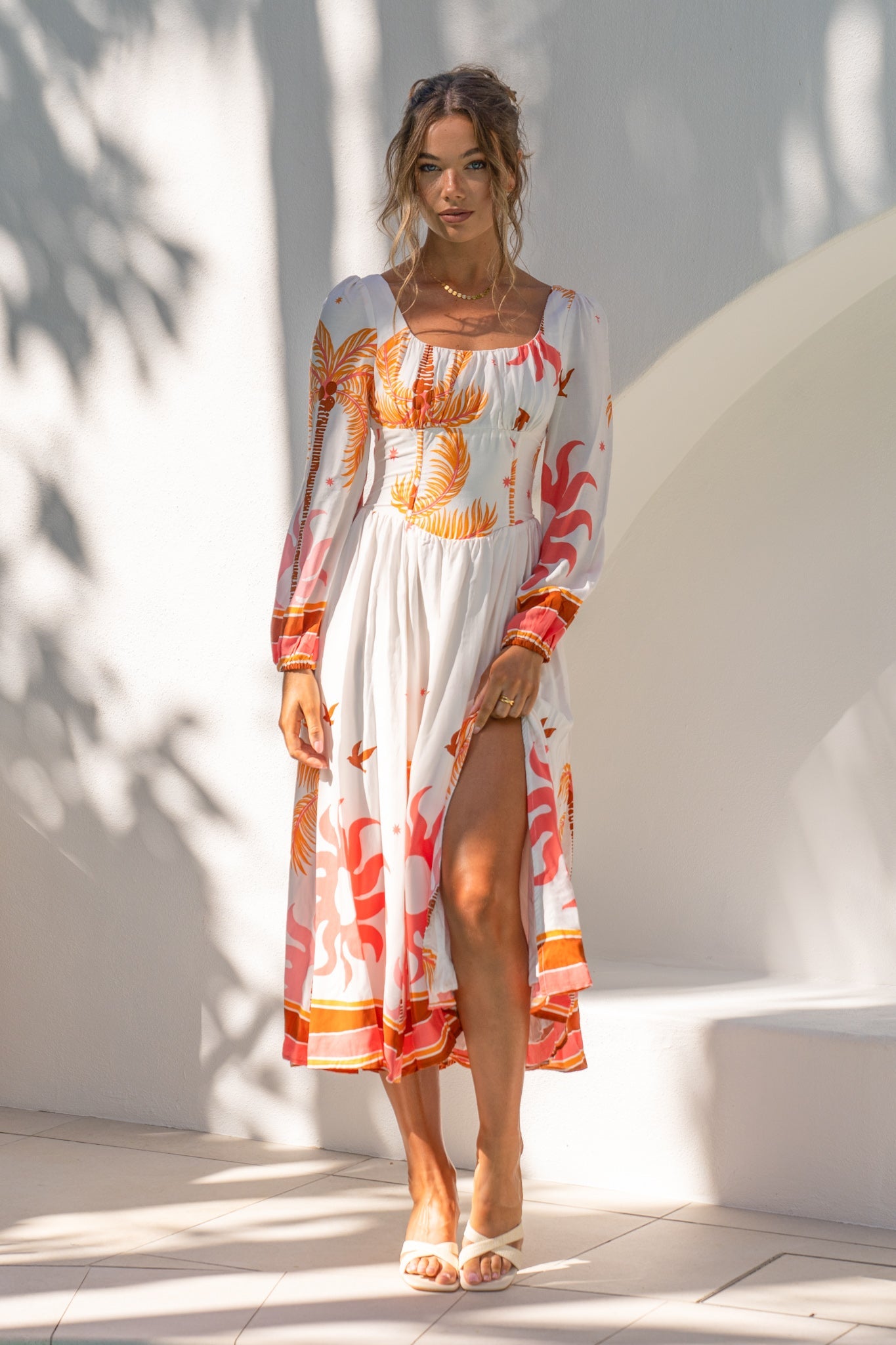 Heychic Soletta Coral Tropical Long Sleeve Corset Maxi Dress (Pink)