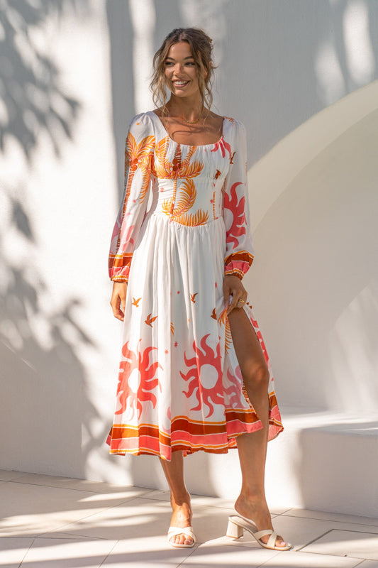 Image of Dresses. Productname: Soletta Coral Pink Tropical Long Sleeve Corset Maxi Dress in Pink colour by brand - Heychic