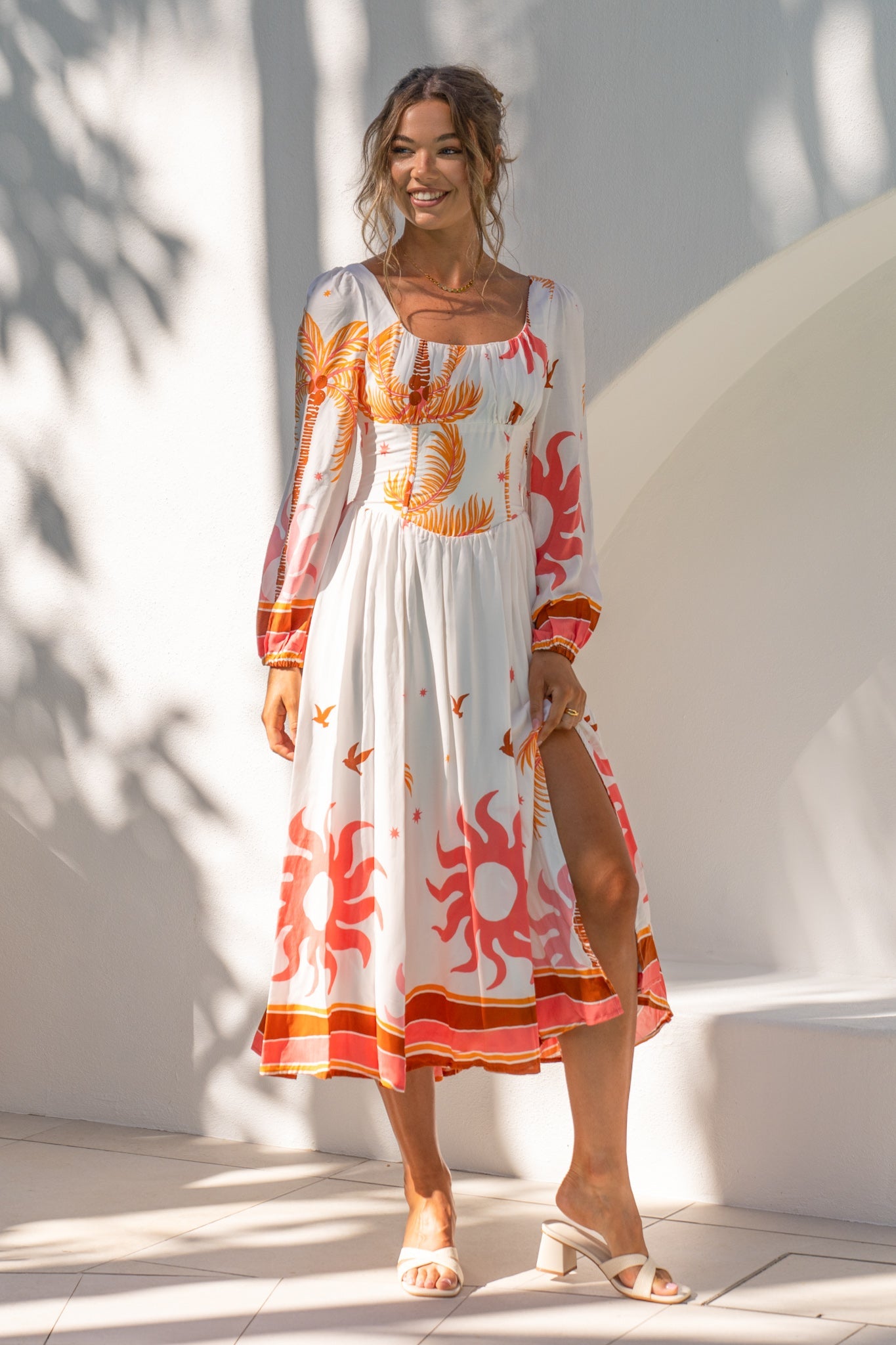 Image of Dresses. Product name - Soletta Coral Pink Tropical Long Sleeve Corset Maxi Dress in Pink colour by brand - Heychic