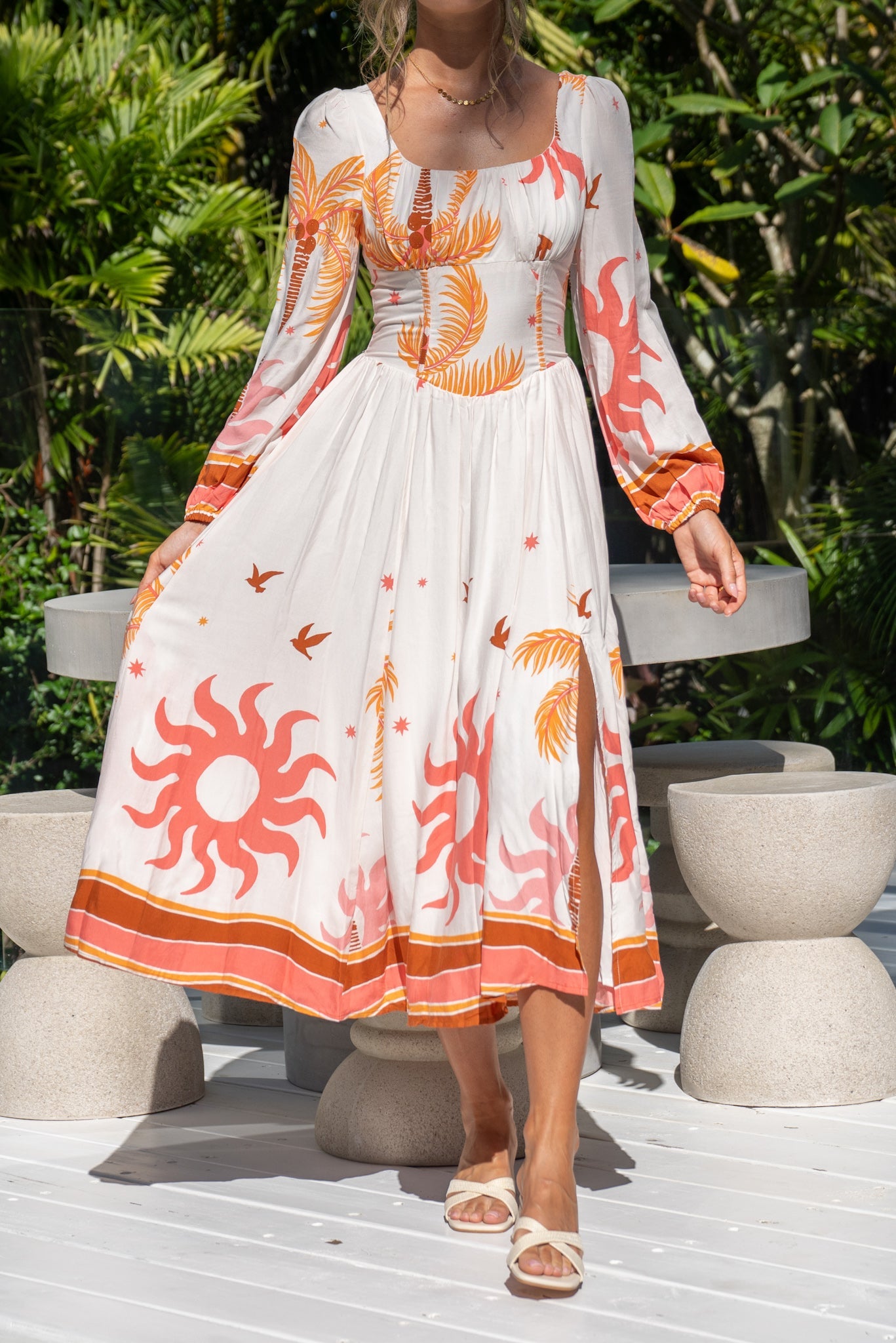Heychic Soletta Coral Tropical Long Sleeve Corset Maxi Dress (Pink)