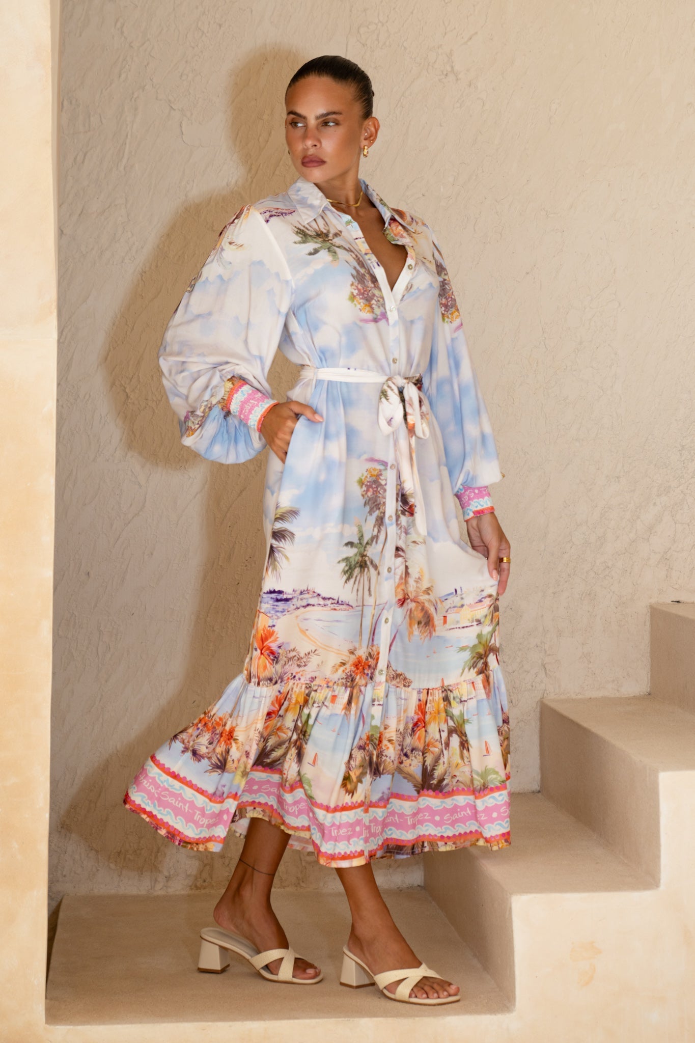 Image of Dresses. Productname: Heychic Saint Tropez Multicolour Tropical Long Sleeve Maxi Dress in Multi colour by brand - Heychic