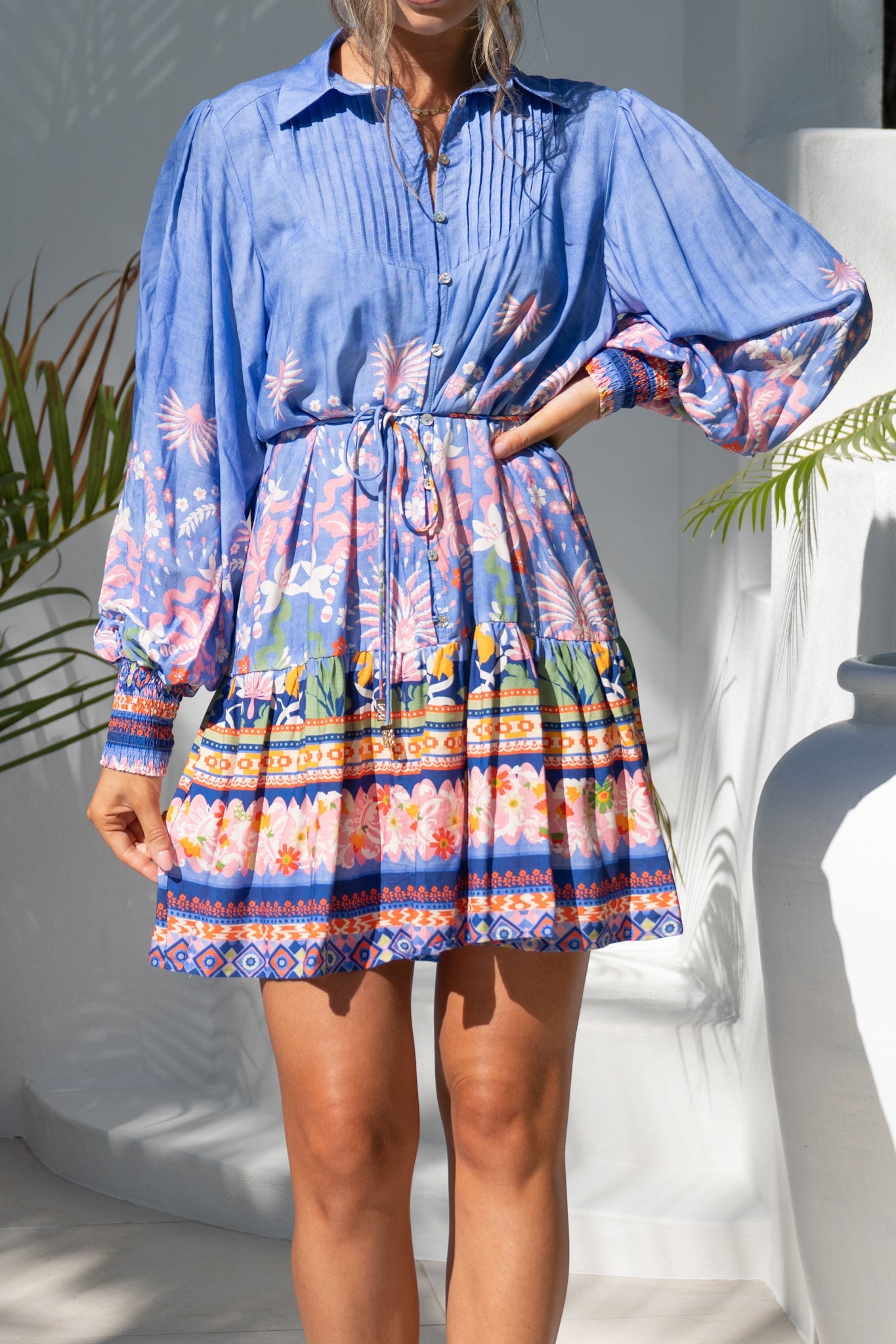 Heychic Indira Boho Long Sleeve Pleat Detail Mini Dress (Blue)