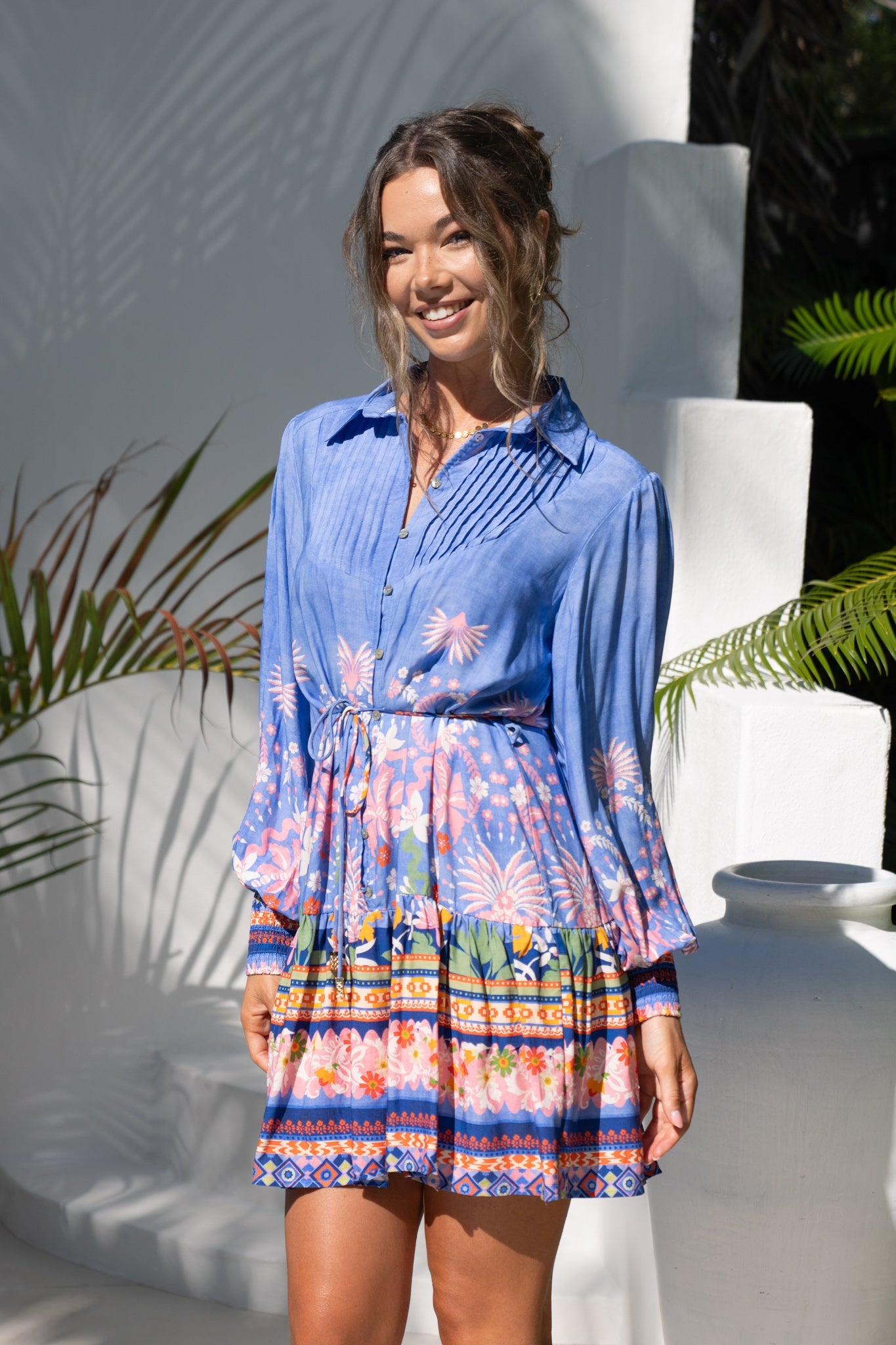 Image of Dresses. Productname: Heychic Indira Boho Long Sleeve Pleat Detail Mini Dress in Blue colour by brand - Heychic