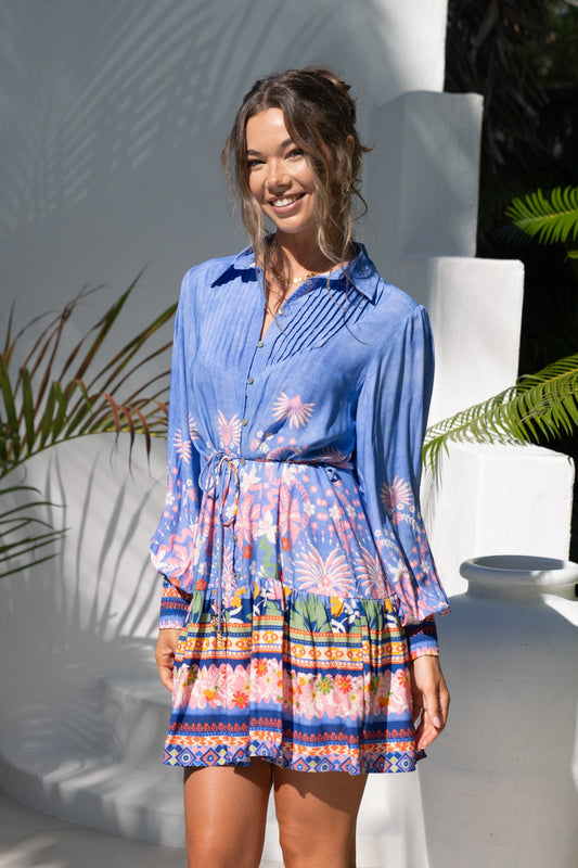 Image of Dresses. Productname: Heychic Indira Boho Long Sleeve Pleat Detail Mini Dress in Blue colour by brand - Heychic