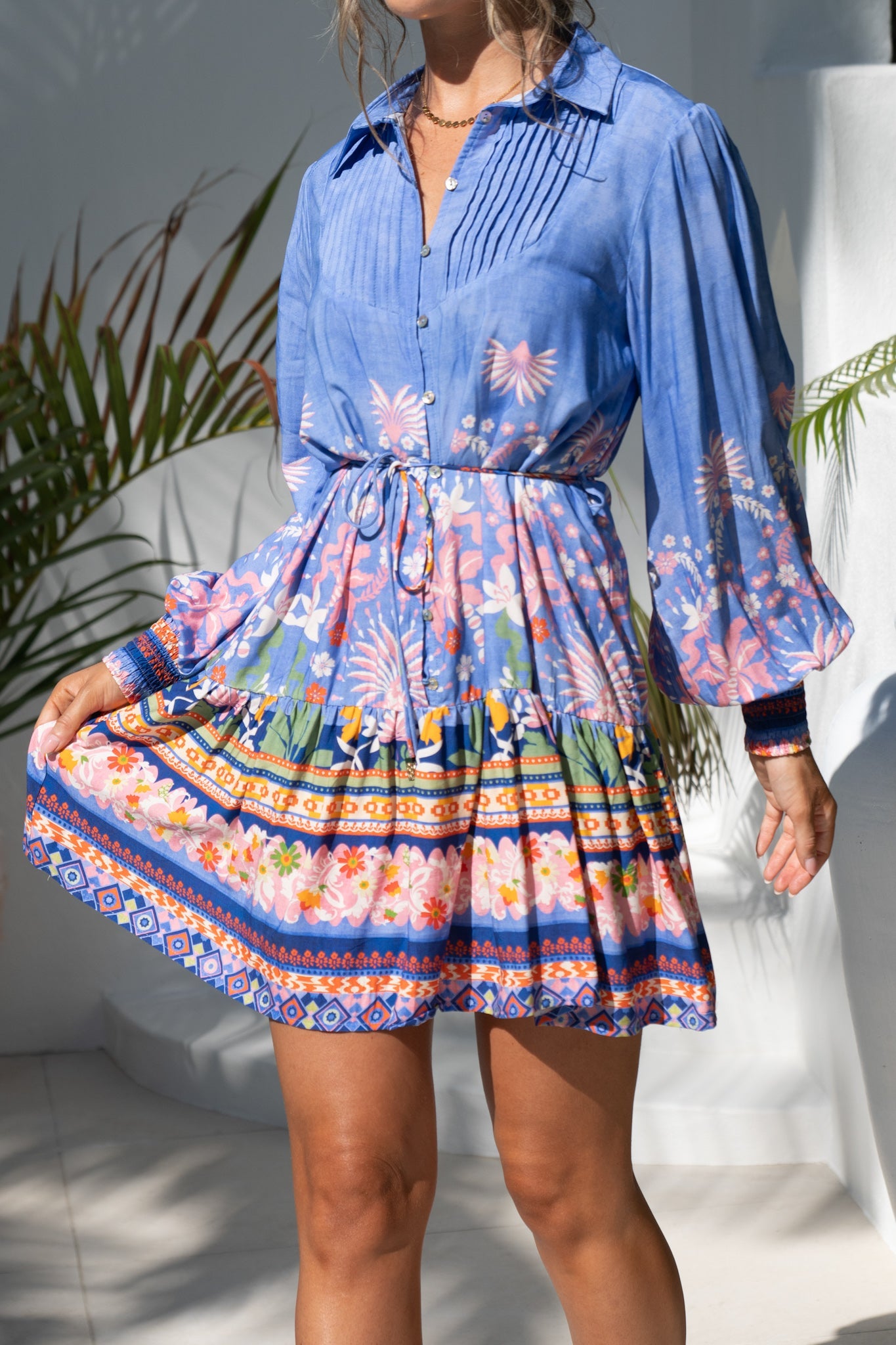 Heychic Indira Boho Long Sleeve Pleat Detail Mini Dress (Blue)