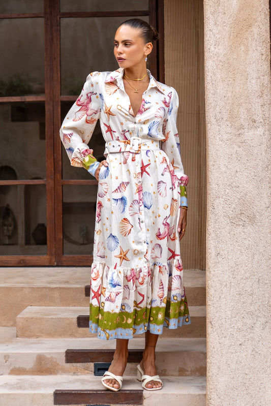 Image of Dresses. Productname: Heychic Lauriane Abstract Long Sleeve Belted Maxi Dress in Multicolour colour by brand - Heychic