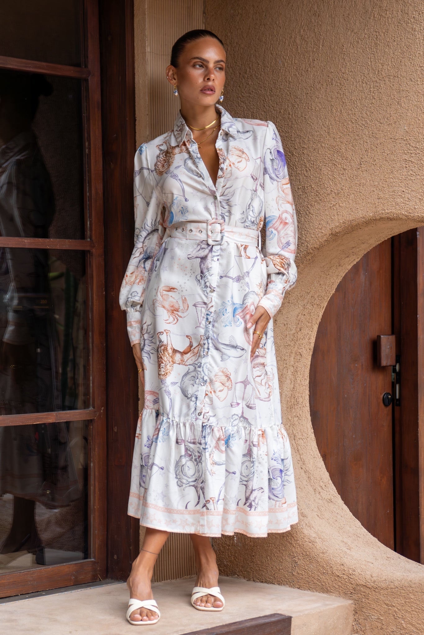 Heychic Zodiac Multicolour Abstract Long Sleeve Belted Maxi Dress (Multi)