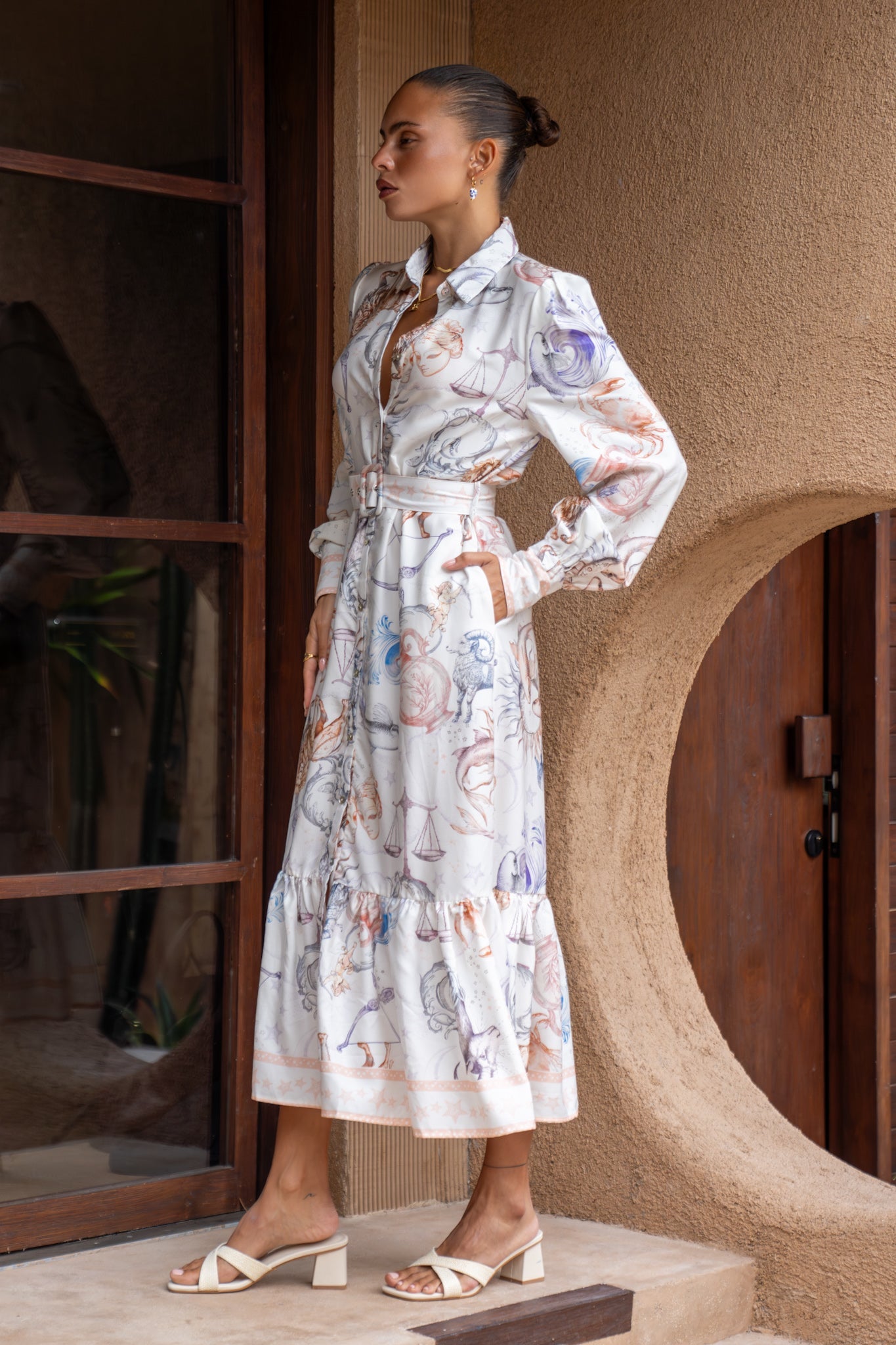 Heychic Zodiac Multicolour Abstract Long Sleeve Belted Maxi Dress (Multi)