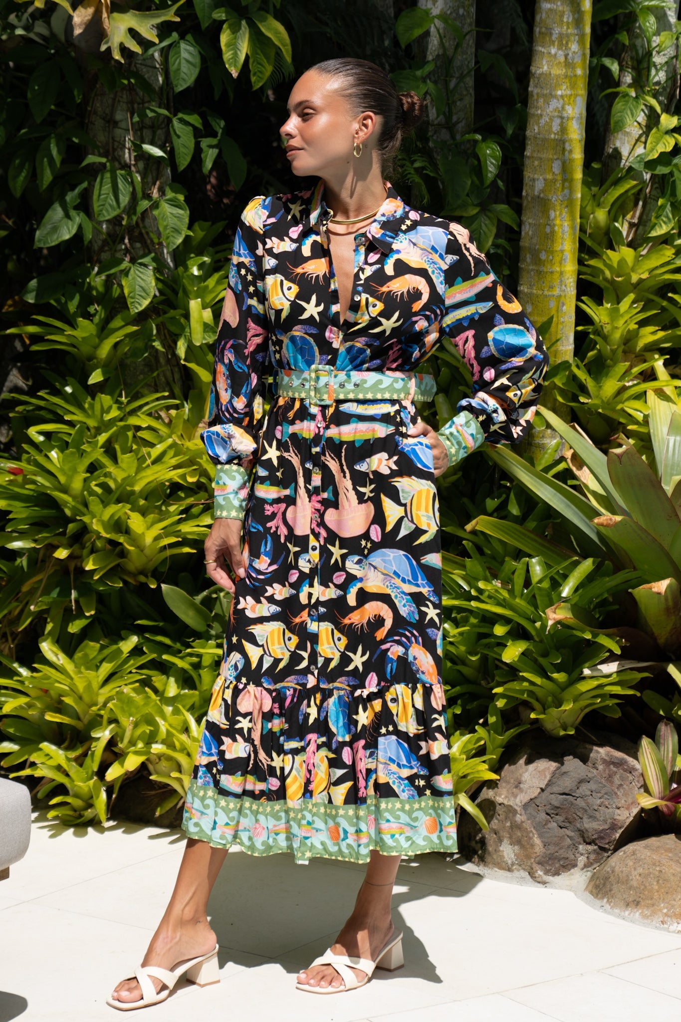 Heychic Delmare Multicolour Abstract Long Sleeve Belted Midi Dress (Multi)