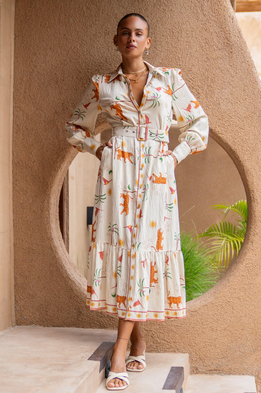 Heychic Kaya Tiger Abstract Long Sleeve Belted Maxi Dress (Orange)