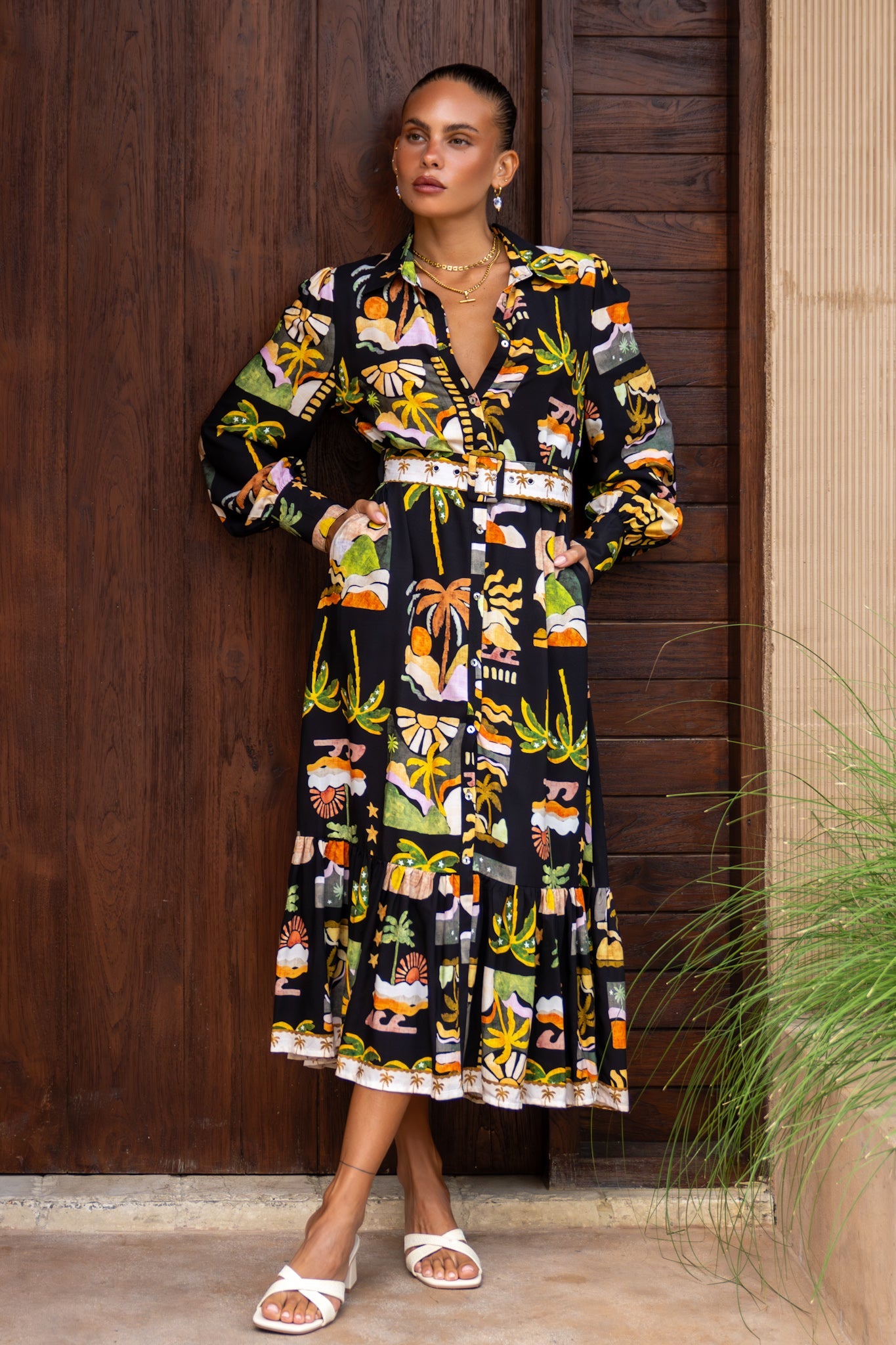 Image of Dresses. Product name - Aelithia Multicolour Tropical Long Sleeve Belted Maxi Dress in Tropical colour by brand - Heychic