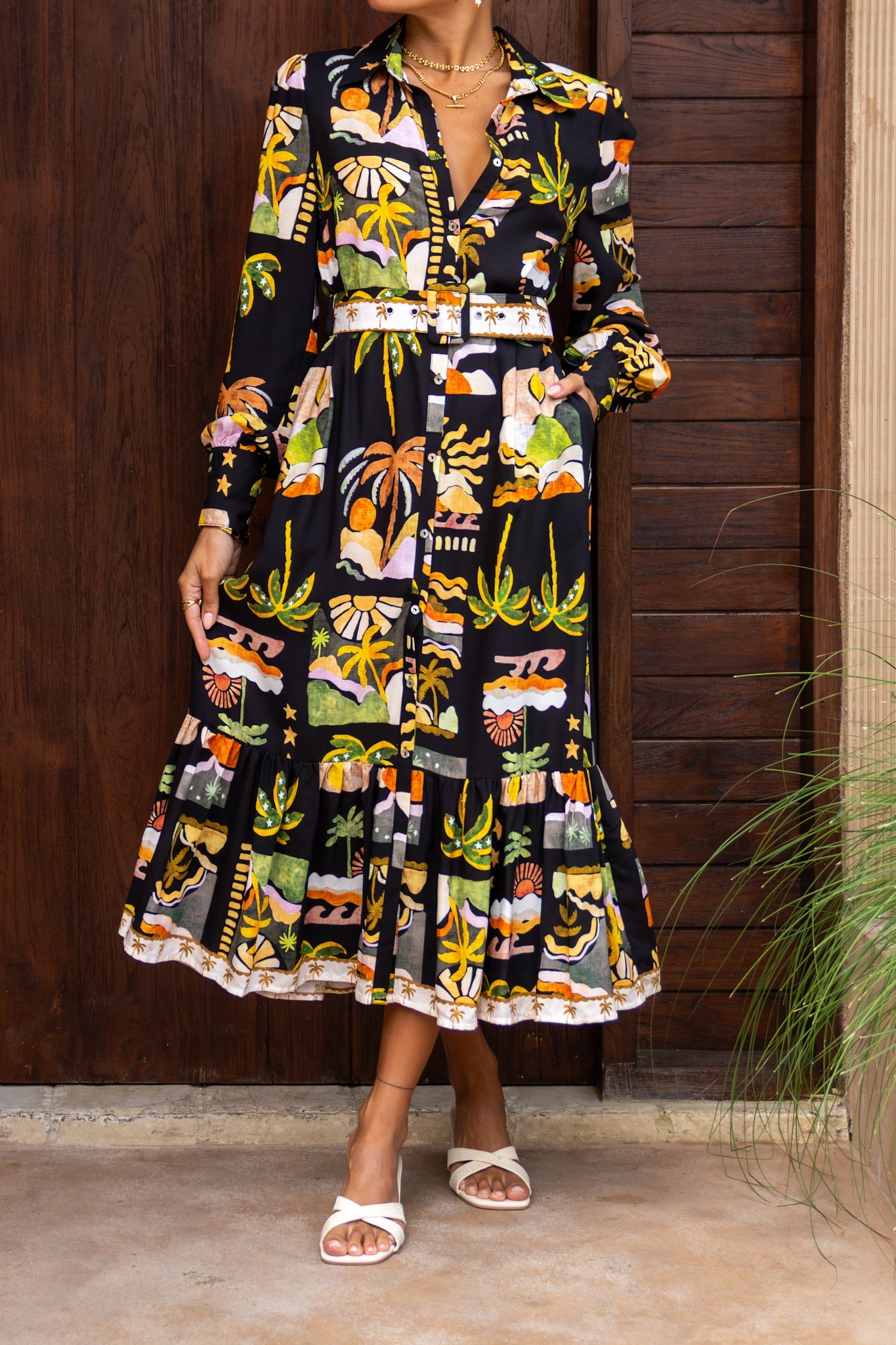Heychic Aelithia Multicolour Long Sleeve Belted Maxi Dress (Tropical)