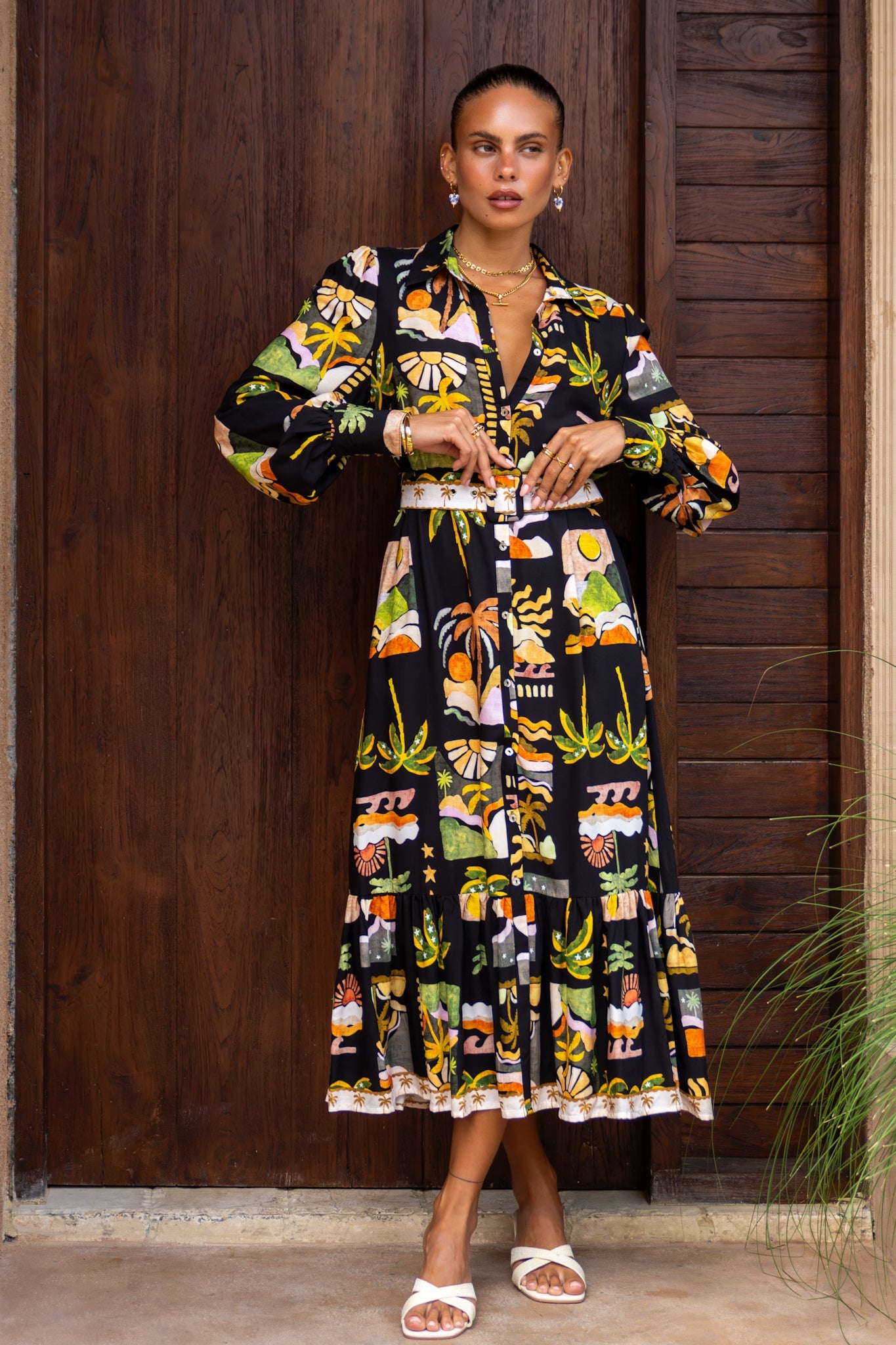 Heychic Aelithia Multicolour Long Sleeve Belted Maxi Dress (Tropical)