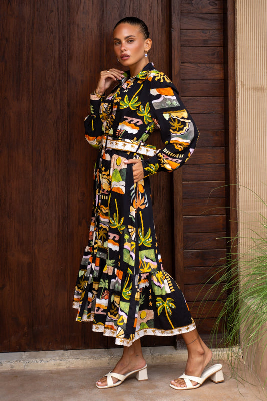 Heychic Aelithia Tropical Long Sleeve Belted Maxi Dress (Multicolour)