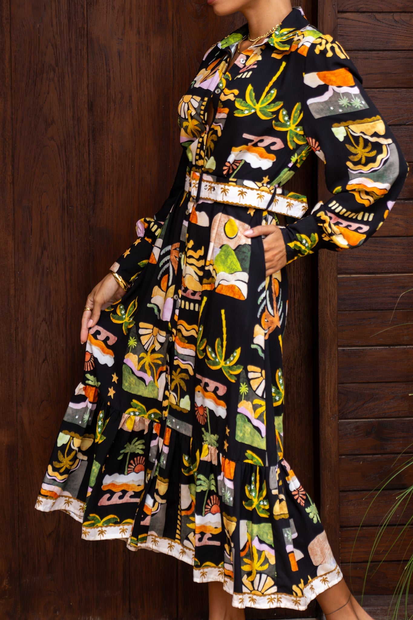 Heychic Aelithia Multicolour Long Sleeve Belted Maxi Dress (Tropical)