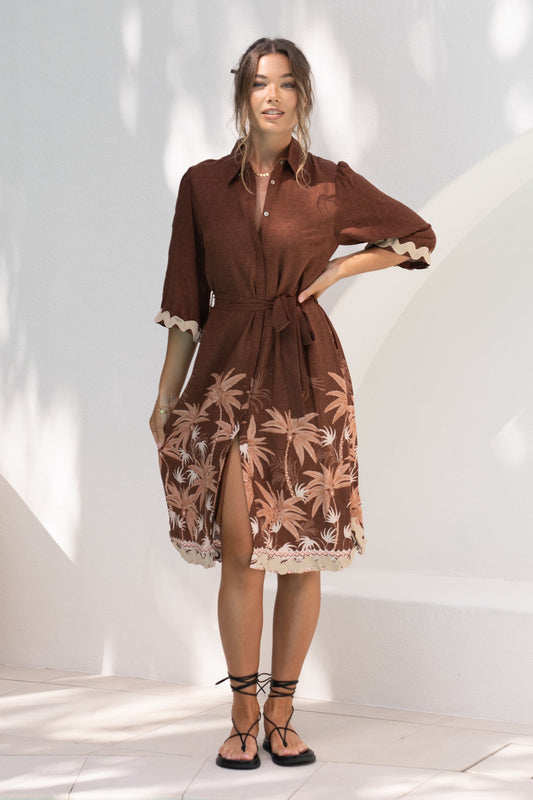 Image of Dresses. Productname: Heychic Eriselle Tropical Ric Rac Midi Dress in Brown colour by brand - Heychic