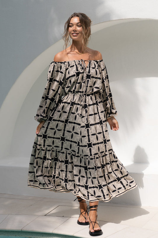 Image of Dresses. Productname: Heychic Soraya Black Beige Abstract Long Sleeve Maxi Dress in Beige colour by brand - Heychic
