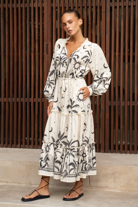 Image of Dresses. Productname: Heychic Savani Beige Black Tropical Long Sleeve Maxi Dress in Beige colour by brand - Heychic