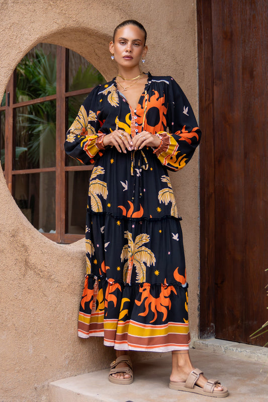 Image of Dresses. Productname: Heychic Solianne Tropical Long Sleeve Maxi Dress in Black colour by brand - Heychic