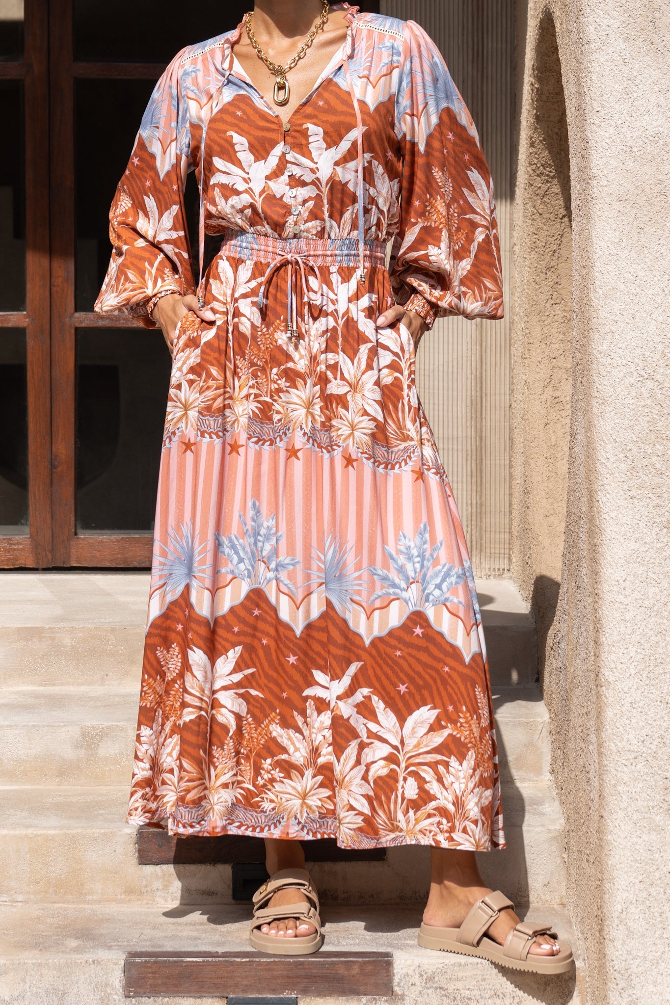 Heychic Nari Rust Tropical Long Sleeve Button Maxi Dress (Brown)