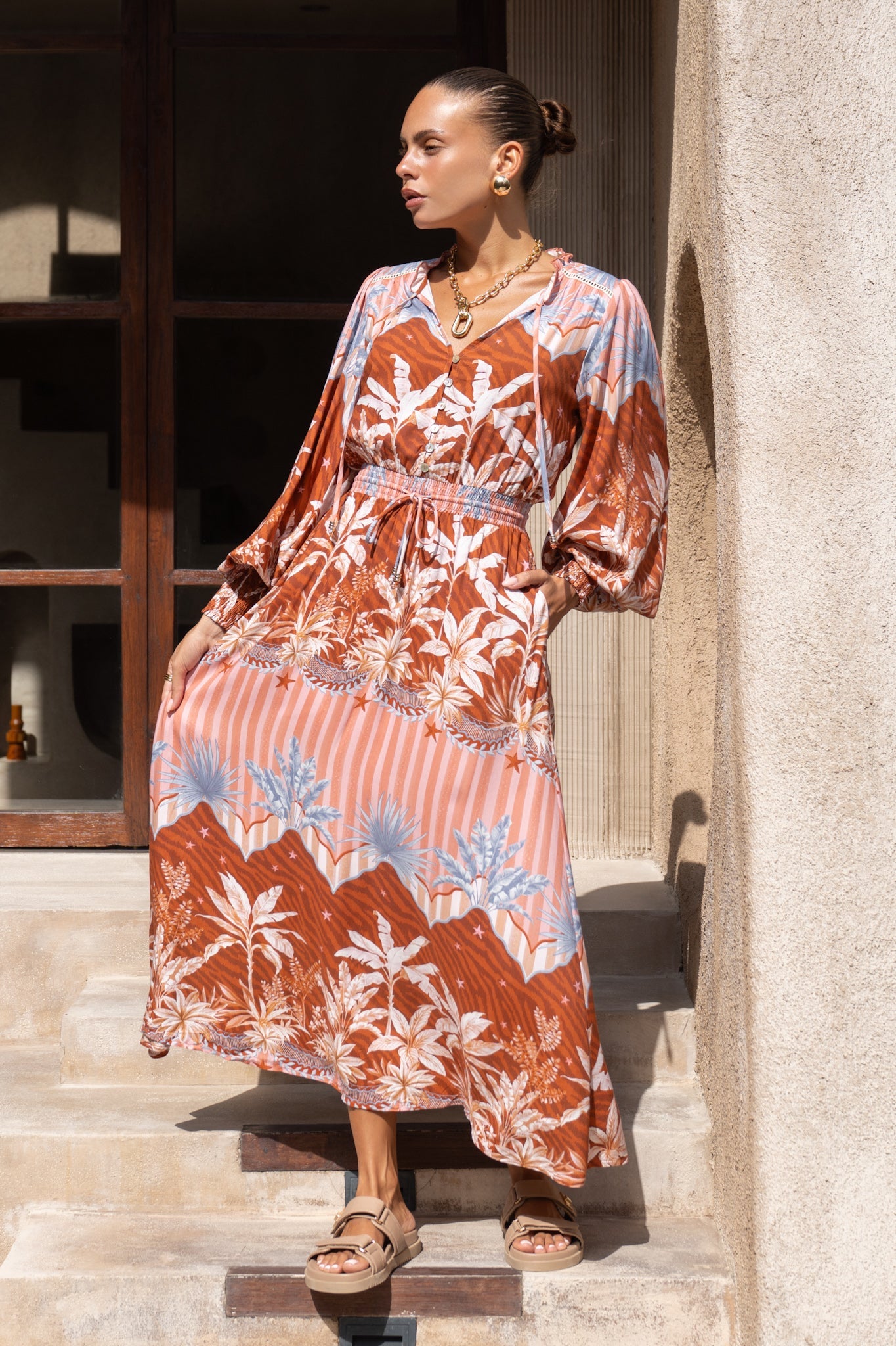 Heychic Nari Rust Tropical Long Sleeve Button Maxi Dress (Brown)