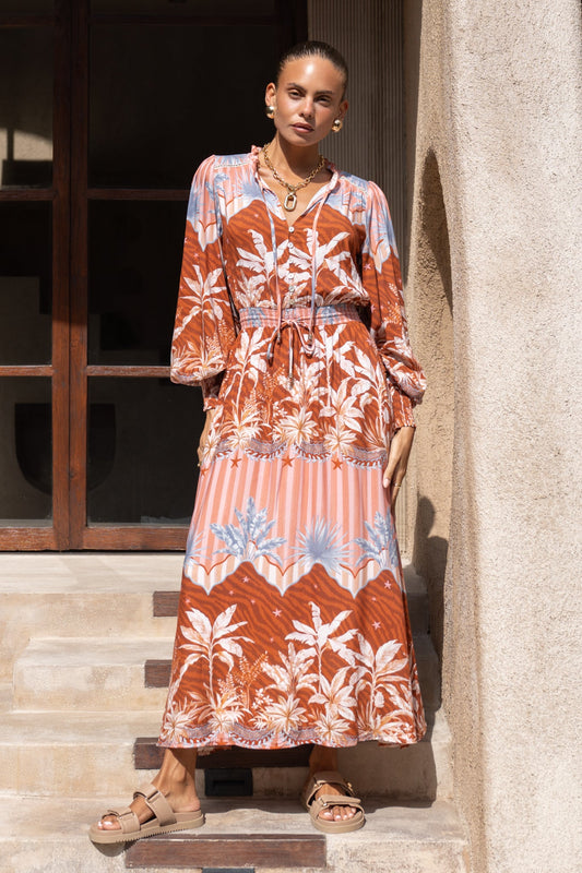 Image of Dresses. Productname: Heychic Nari Rust Brown Tropical Long Sleeve Button Maxi Dress in Brown colour by brand - Heychic