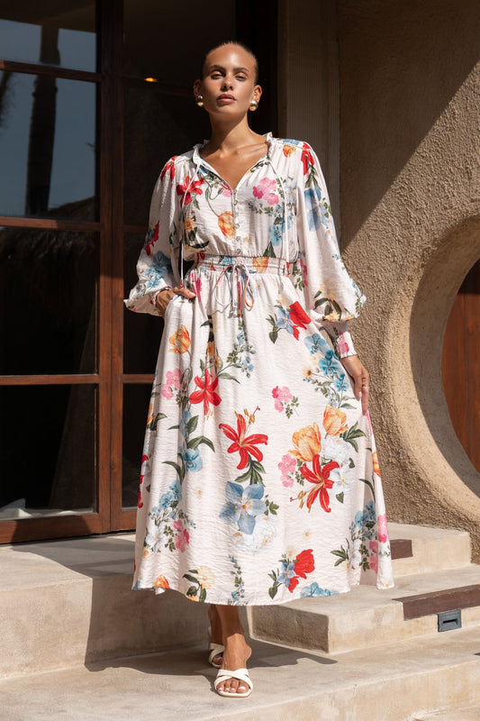 Image of Dresses. Product name - Joyce Multicolour Floral Long Sleeve Button Maxi Dress in Floral colour by brand - Heychic