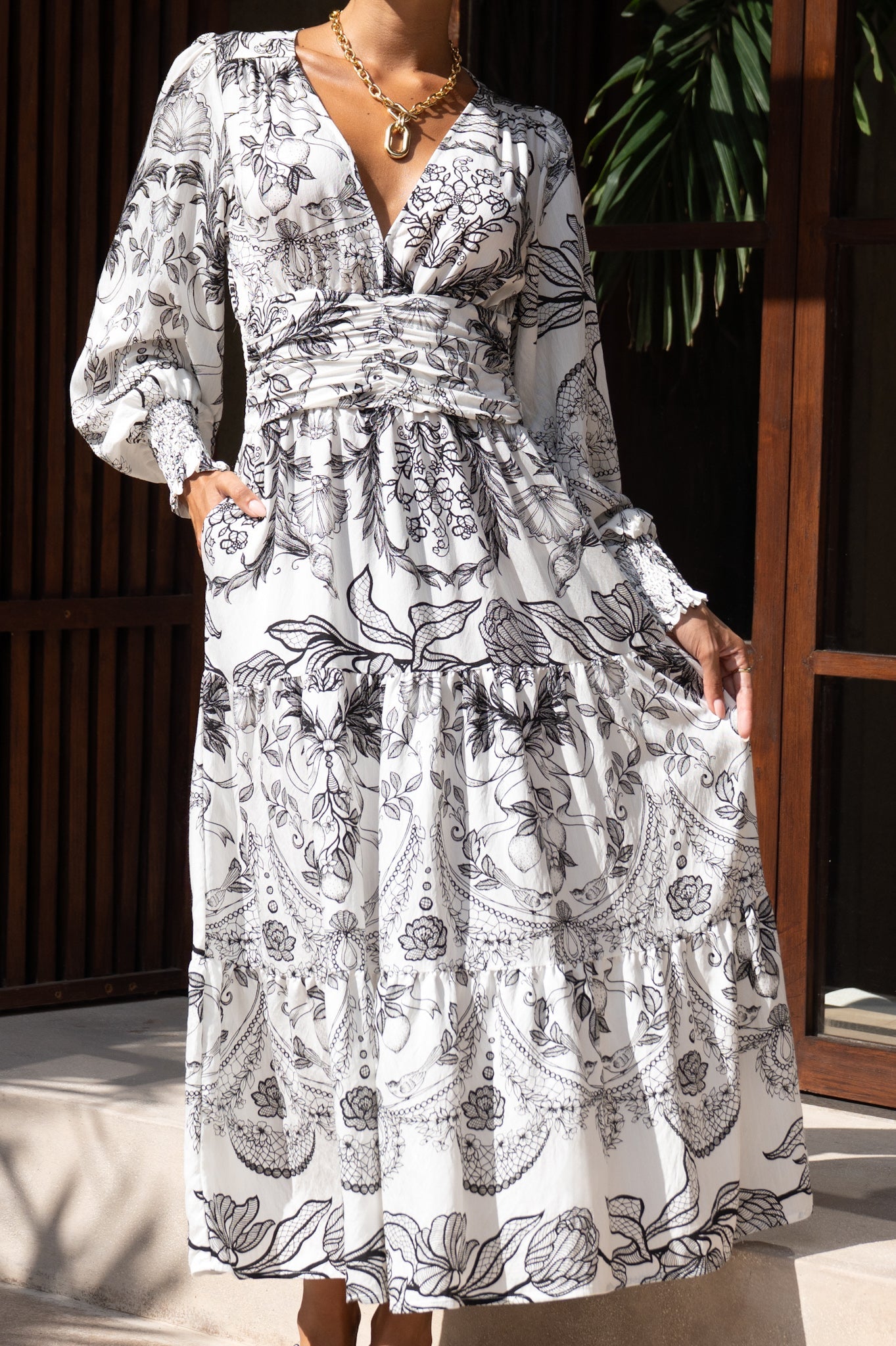 Heychic Adeline Floral Long Sleeve Tiered Maxi Dress (Black)
