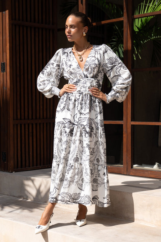Image of Dresses. Productname: Heychic Adeline Black Floral Long Sleeve Tiered Maxi Dress in Black colour by brand - Heychic