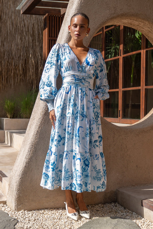 Image of Dresses. Productname: Heychic Lorellina Blue Floral Long Sleeve Tiered Maxi Dress in Blue colour by brand - Heychic