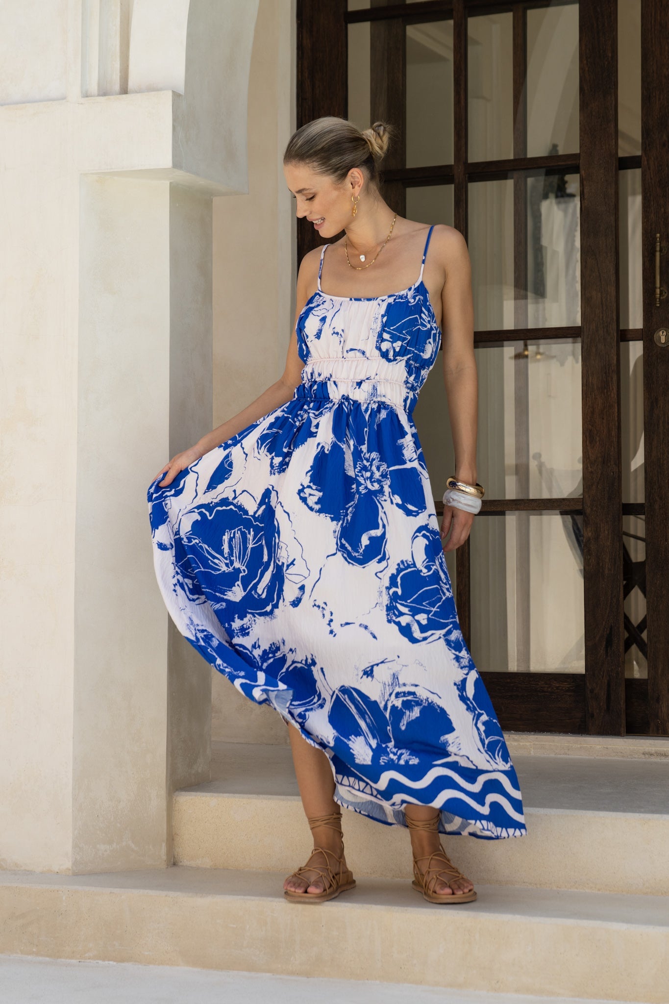 HEYCHIC Cynthia Floral Ruched Detail Maxi Dress (Blue)