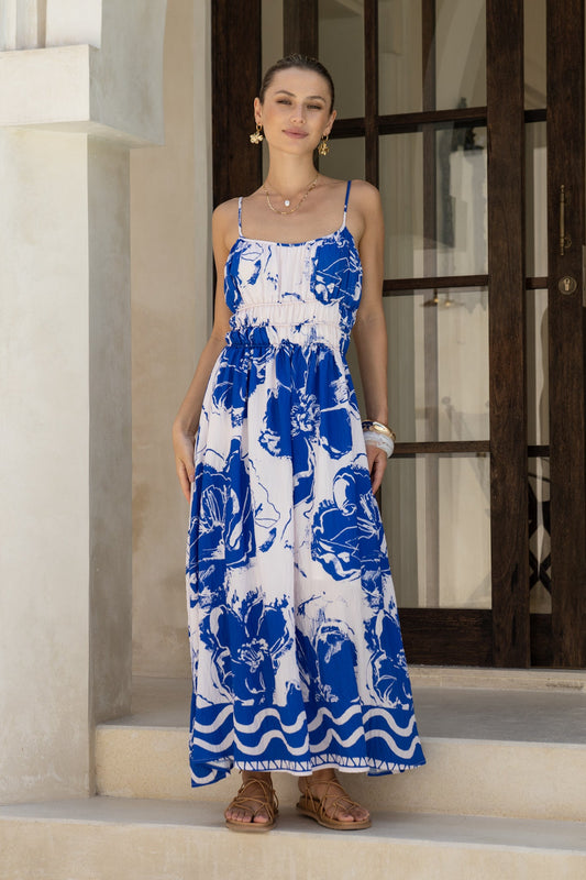 HEYCHIC Cynthia Floral Ruched Detail Maxi Dress (Blue)