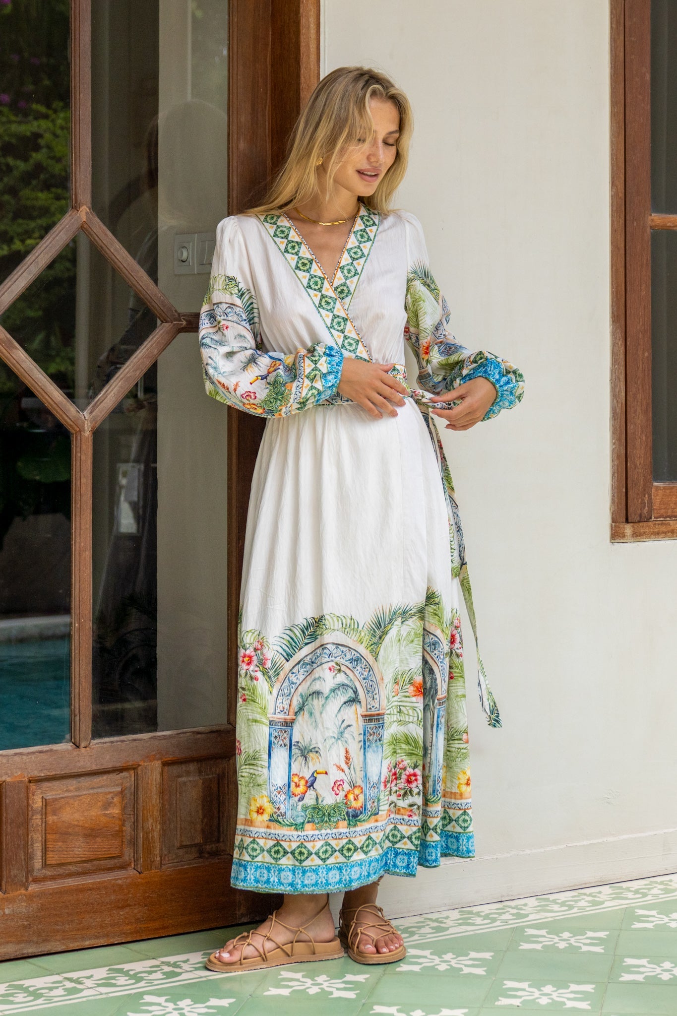 Heychic Ciela Tropical Long Sleeve Wrap Maxi Dress (Green)